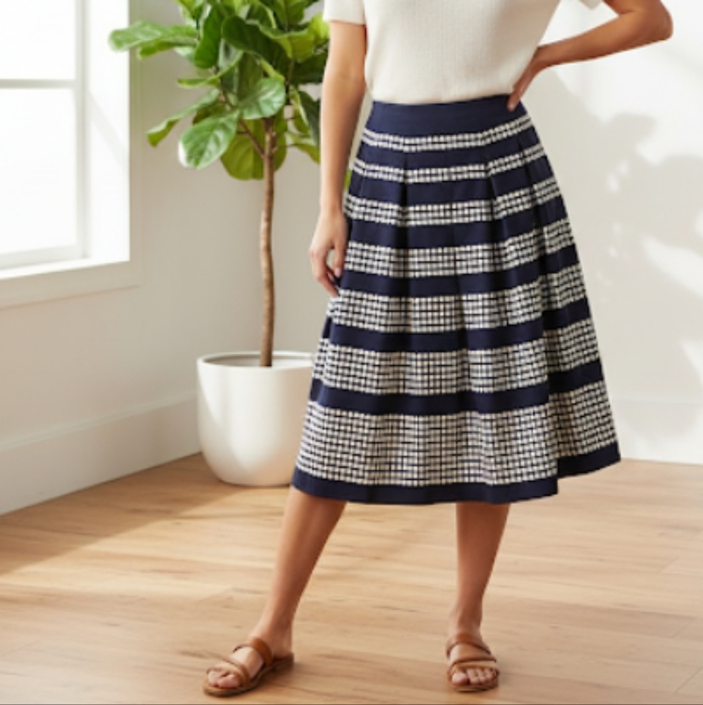 Talbots Navy & White Polka Dot Satin Semi-Pleated Skirt - Picture 9 of 10